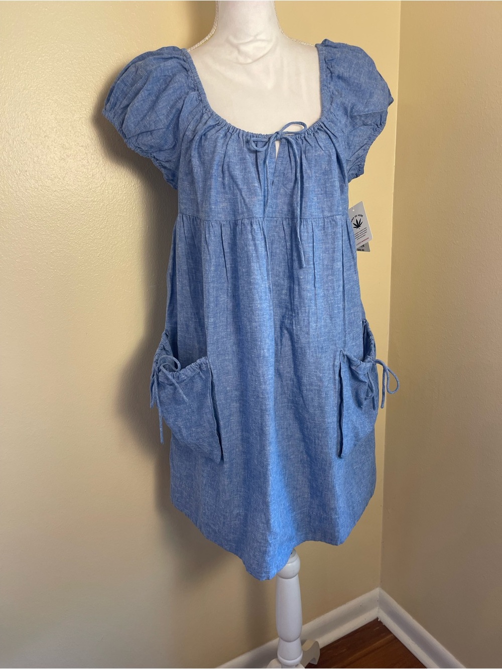 Lucky Brand Blue Casual Mini Dress Hemp Cotton Coastal Puff Sleeves Summer L NWT - Picture 2 of 14